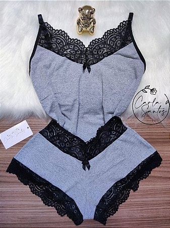 Baby doll Cotton e renda - Preto