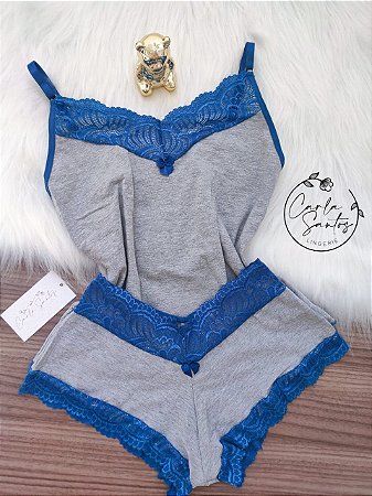 Baby doll Cotton e renda - Azul