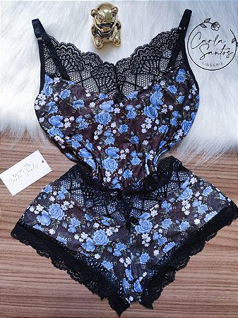 Baby doll Floral - Preto e Azul
