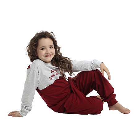 Pijama Longo Infantil Unissex Blusa Cinza/Vermelha Calça Lisa