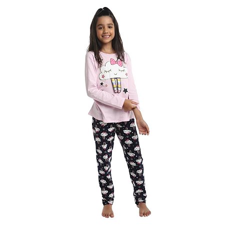 Pijama Longo Infantil Feminino Nuvem Com Sono Que Brilha no Escuro