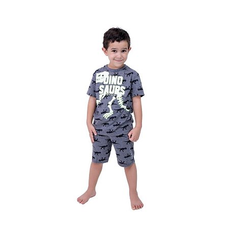 Pijama Curto Infantil Masculino Dinossauro Brilha no Escuro Cinza/Branco