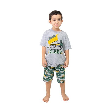 Pijama Curto Infantil Masculino Caminhão Cinza/Verde
