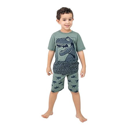 Pijama Curto Infantil Masculino Dinossauro Brilha no Escuro Verde/Cinza