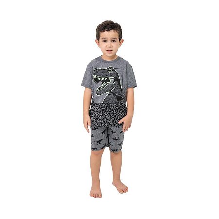 Pijama Curto Infantil Masculino Dinossauro Brilha no Escuro Cinza