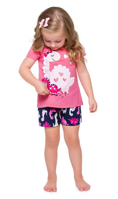 Pijama Curto Infantil Feminino Dinossauro Brilha no Escuro Rosa/Azul