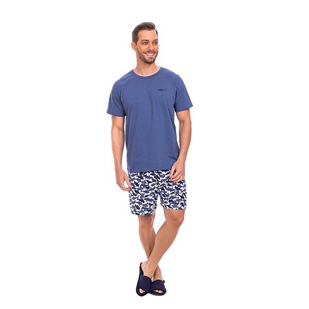 Pijama Curto Adulto Masculino Blusa Azul Short Tubarão