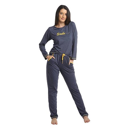 Pijama Longo Adulto Feminino Blusa e Calça Azul escuro com Detalhes Amarelo