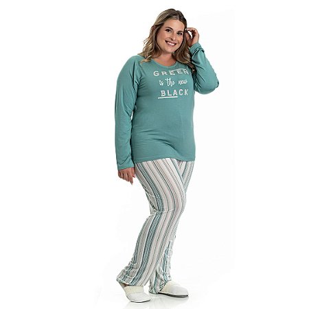 Pijama Longo Adulto Feminino Blusa Green Is The New Black e Calça Listrada Plus Size