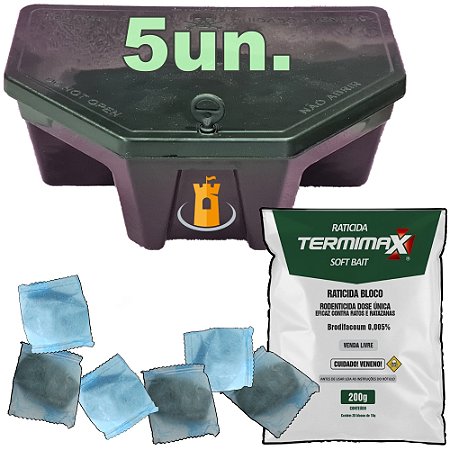 KIT 5 Porta Iscas + RATICIDA BLOCO SOFT BAIT TERMIMAX CITROMAX 200g (20 iscas de 10g)