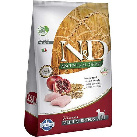 N&D Ancestral Grain para Cães Adultos Raças Médias Frango e Romã - 10,1kg