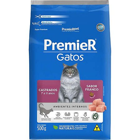 Premier Ambientes Internos Gatos Castrados 7 a 11 Anos Frango 500G