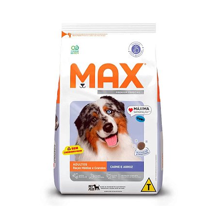 Max para Cães Adultos de Porte Médio e Grande Sabor Carne e Arroz 20kg