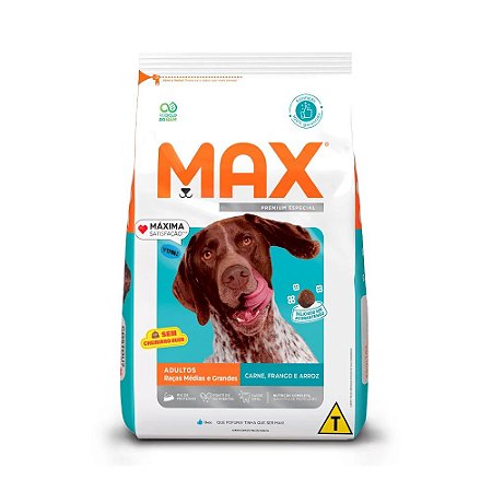 Max para Cães Adultos de Porte Médio e Grande Sabor Carne, Frango e Arroz 20kg