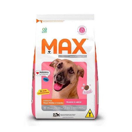 Max para Cães Adultos de Porte Médio e Grande Sabor Frango e Arroz 3kg