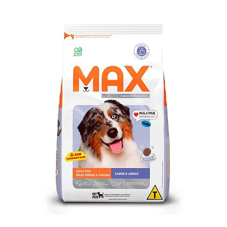 Max para Cães Adultos de Porte Médio e Grande Sabor Carne e Arroz 3kg