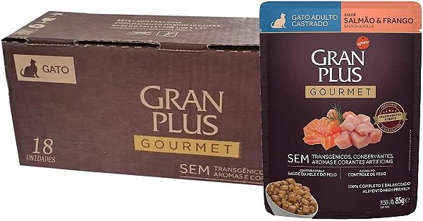 Sachê Gran Plus Gourmet Gato Castrado Salmão e Frango 85g Caixa com 18 Sachês