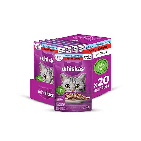 Sachê Whiskas Castrado Carne 85g Kit 20 Unidades