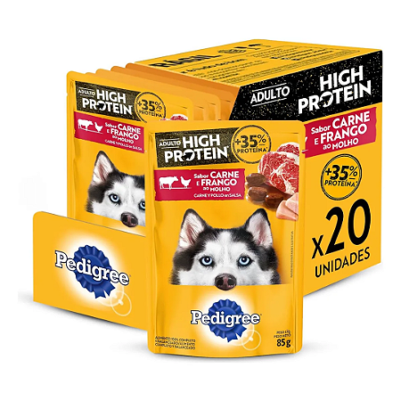 Sachê Pedigree High Protein Cães Adultos Carne e Frango ao Molho 85g Kit 20 Unidades