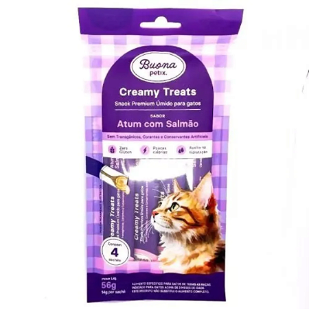 Snack Buona Petix Creamy Sabor Atum Com Salmão Para Gatos 56g