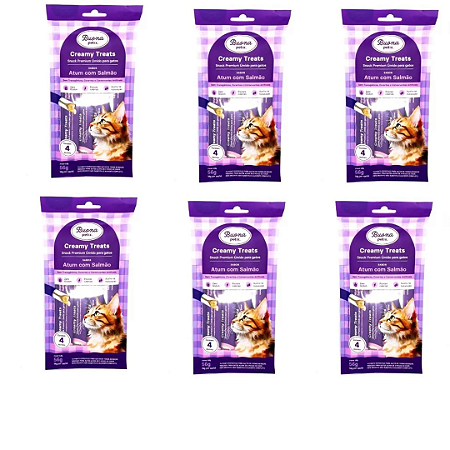 Snack Buona Petix Creamy Sabor Atum Com Salmão Para Gatos 56g Kit 6 Unidades
