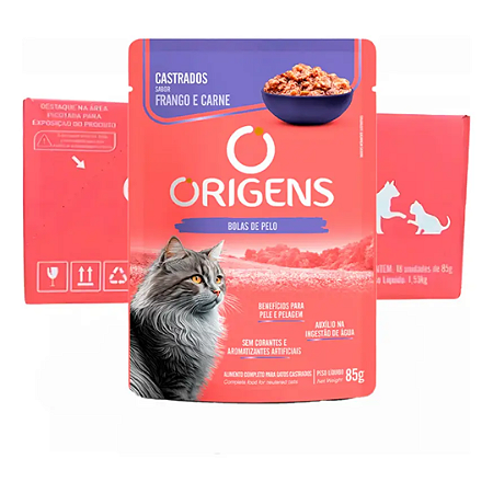 Sachê Origens Gatos Castrados Frango e Carne 85g Kit Com 18 Unidades