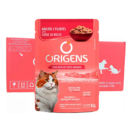Sachê Origens Gatos Adultos e Filhotes Carne 85g Kit Com 18 Unidades