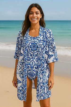 KIMONO AZULEJO PORTUGUÊS - MODA PRAIA