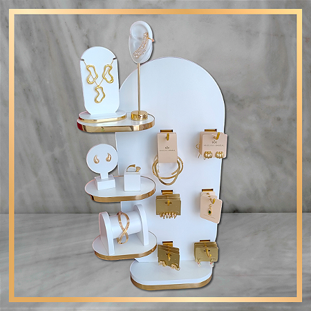 Kit Mini Estante Vertical Branca Com Ganchos - Bordas Douradas