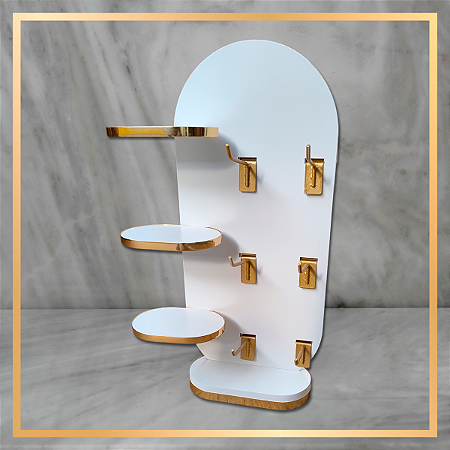 Mini Estante Vertical Branca Com Ganchos - Bordas Douradas