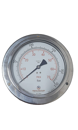 Manômetro Profundímetro Painel Caixa Inox Diam. 160mm Escala 0-70 MCA x 230 Pés saída traseira 1/2" npt