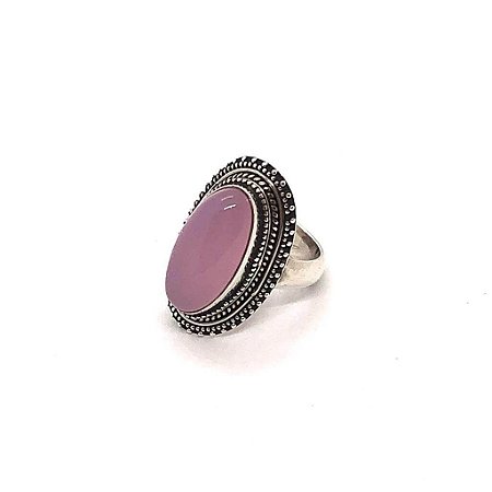 Anel quartzo rosa pedra oval lisa com prata 925 trabalhada