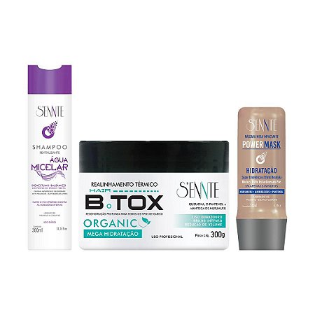 Kit Botox Capilar B.TOX Organic 300g + Shampoo Água Micelar + Máscara Power Mask Hidratação