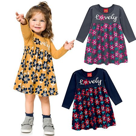 Vestido Infantil Manga Longa Feminina em Cotton KYLY