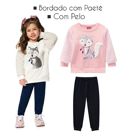 Conjunto Moletom Pelúciado Infantil Feminino com Paetê e Pelo Kyly