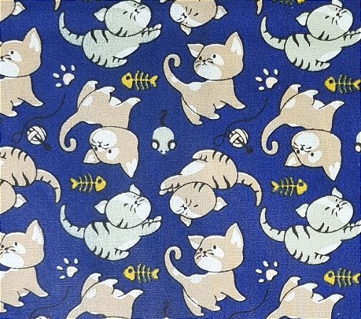 TECIDO TRICOLINE GATINHO FUNDO AZUL MARINHO  -  50CM