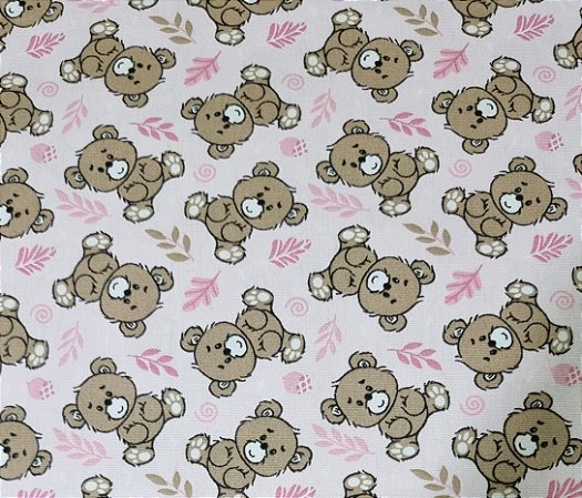 TECIDO TRICOLINE URSINHOS FUNDO ROSA BEBÊ - 50CM