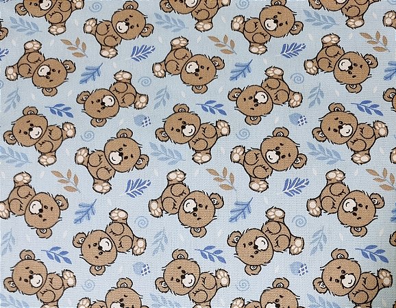 TECIDO TRICOLINE URSINHOS FUNDO AZUL BEBÊ  - 50CM