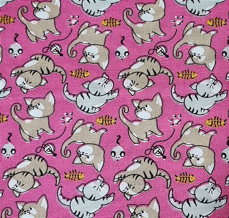 TECIDO TRICOLINE GATINHO FUNDO ROSA - 50CM