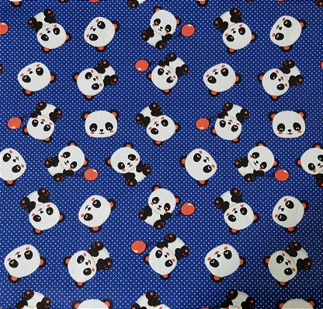 TECIDO TRICOLINE URSO PANDA FUNDO AZUL ROYAL - 50CM