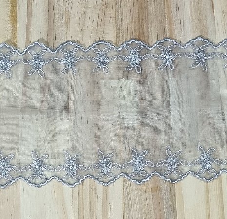 RENDA DE TULE  BORDADA CINZA 12 CM - 1 METRO