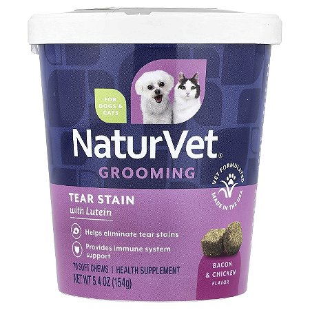 Tear Stain Luteína Naturvet - Tira Manchas Lacrimais de Cães e Gatos - 70 Petiscos Soft Chews - 154 gramas