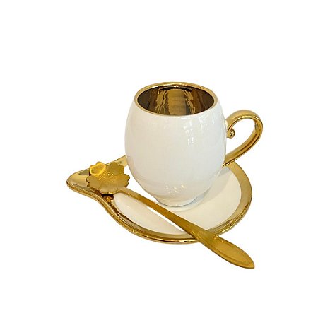 Xícara com Pires e Colher Dourado