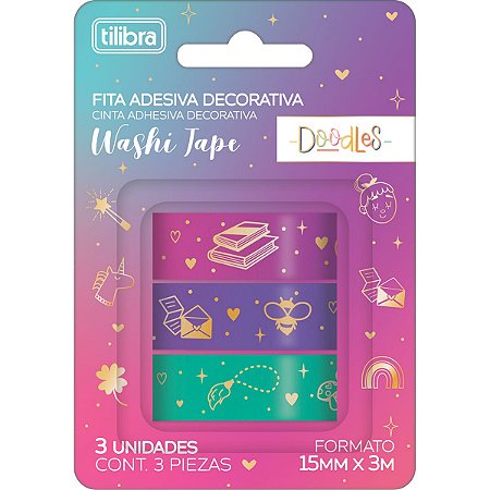 Fita Adesiva Washi Tape 15mmX5m Doodles - Blister com 3 Unidades