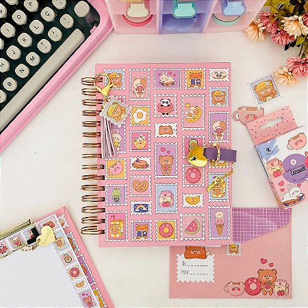 Diário Elegante com Cadeado Coração Dourado 100 Folhas – Ursinhos Kawaii