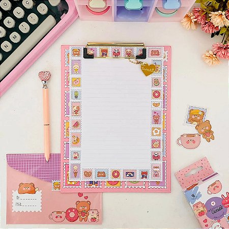 Prancheta Estampada A5 + 30 Folhas Decoradas Ursinhos Kawaii