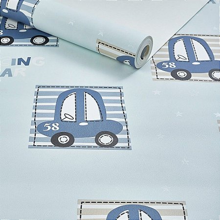 Papel De Parede Importado Lavável Infantil Azul Carros