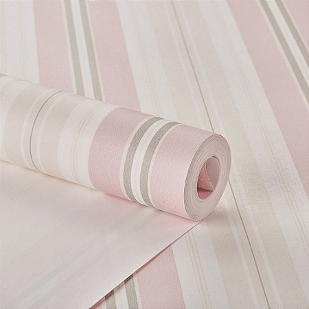 Papel De Parede Importado Listrado Rosa Cinza E Off White