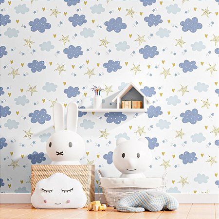 Papel De Parede Infantil Nuvem Azul Rolo Alto Padrão Lavável