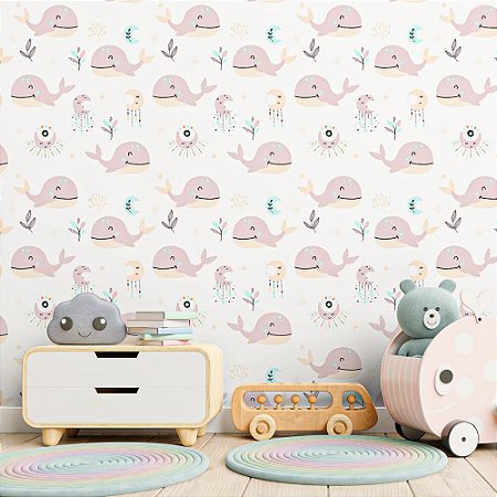 Papel De Parede Infantil Texturizado Lavável Baleia Rosa